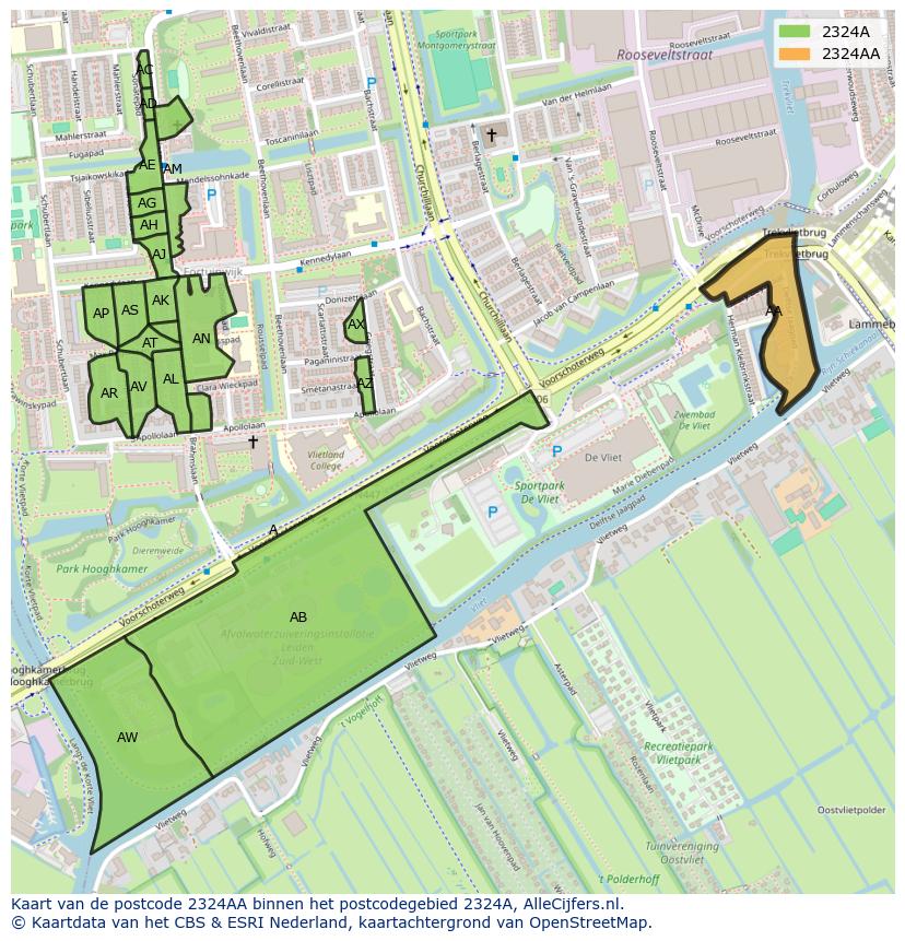 Afbeelding van het postcodegebied 2324 AA op de kaart.