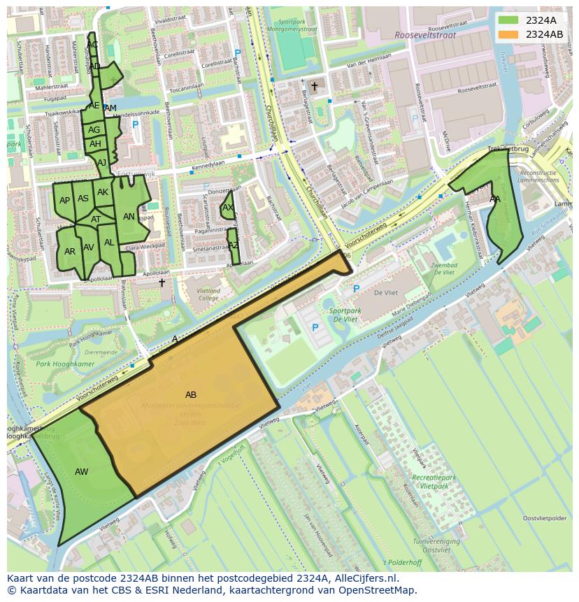Afbeelding van het postcodegebied 2324 AB op de kaart.