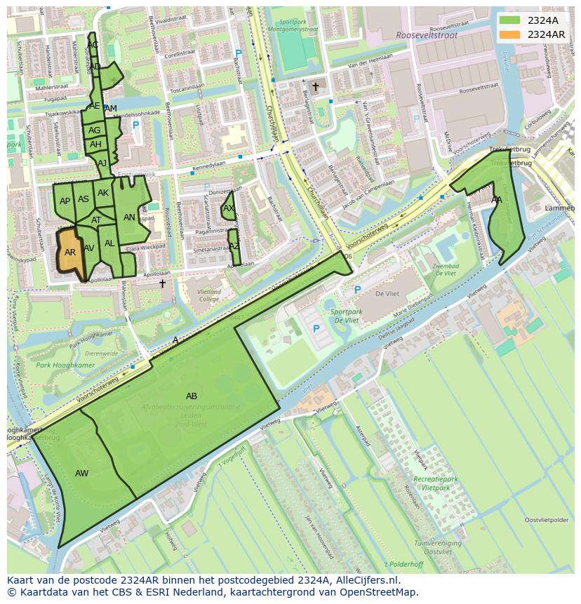 Afbeelding van het postcodegebied 2324 AR op de kaart.