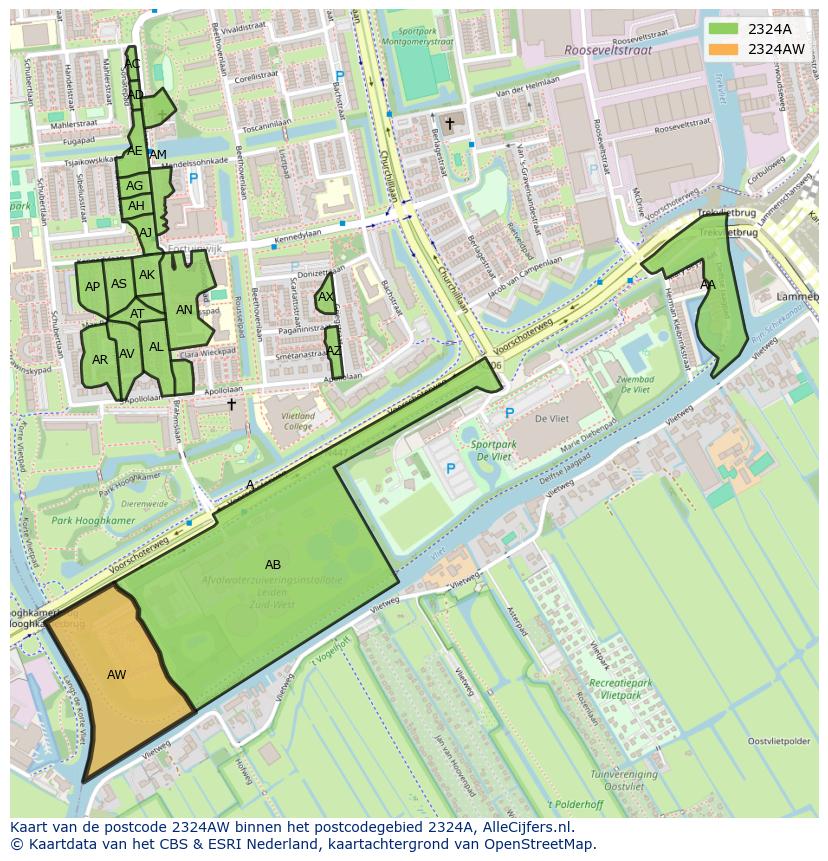 Afbeelding van het postcodegebied 2324 AW op de kaart.