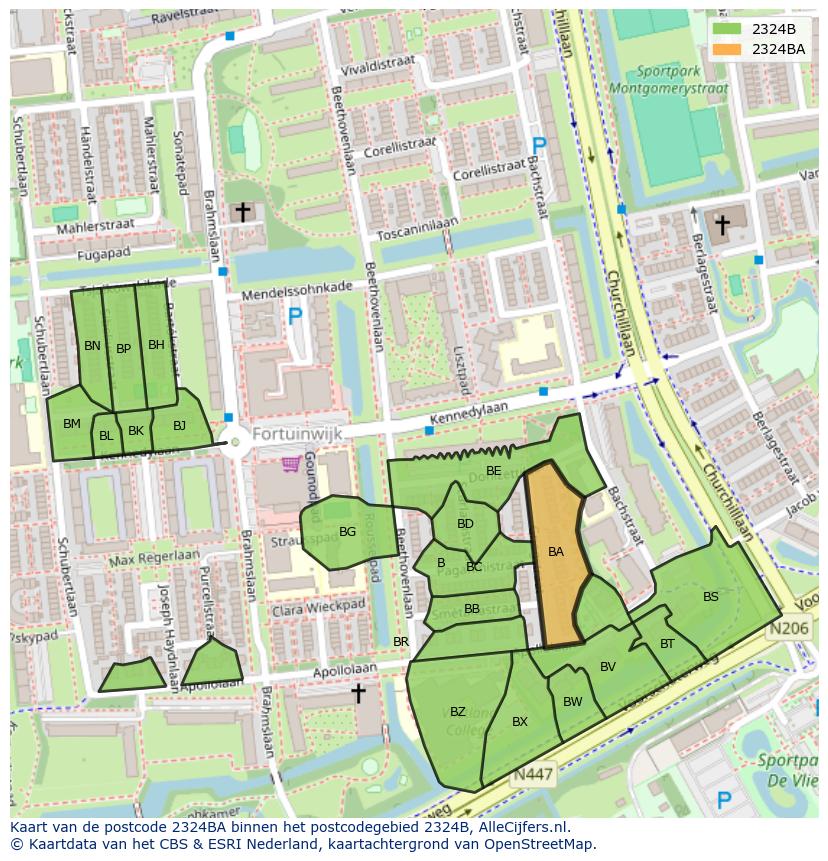 Afbeelding van het postcodegebied 2324 BA op de kaart.