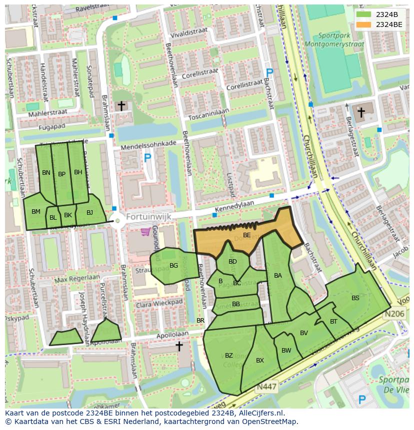Afbeelding van het postcodegebied 2324 BE op de kaart.