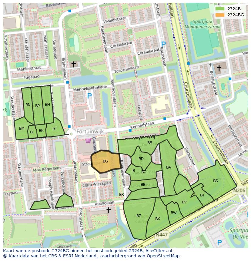 Afbeelding van het postcodegebied 2324 BG op de kaart.