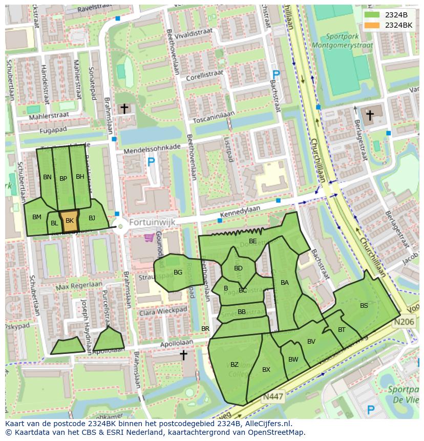 Afbeelding van het postcodegebied 2324 BK op de kaart.