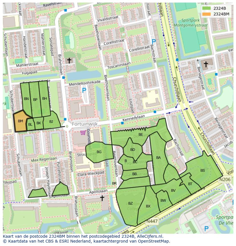 Afbeelding van het postcodegebied 2324 BM op de kaart.