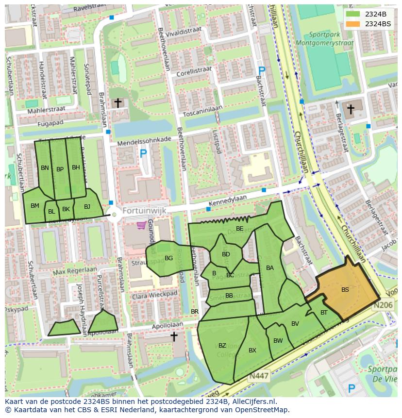 Afbeelding van het postcodegebied 2324 BS op de kaart.