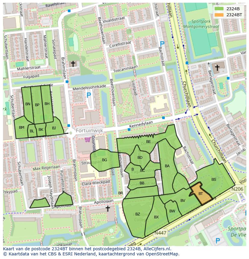 Afbeelding van het postcodegebied 2324 BT op de kaart.