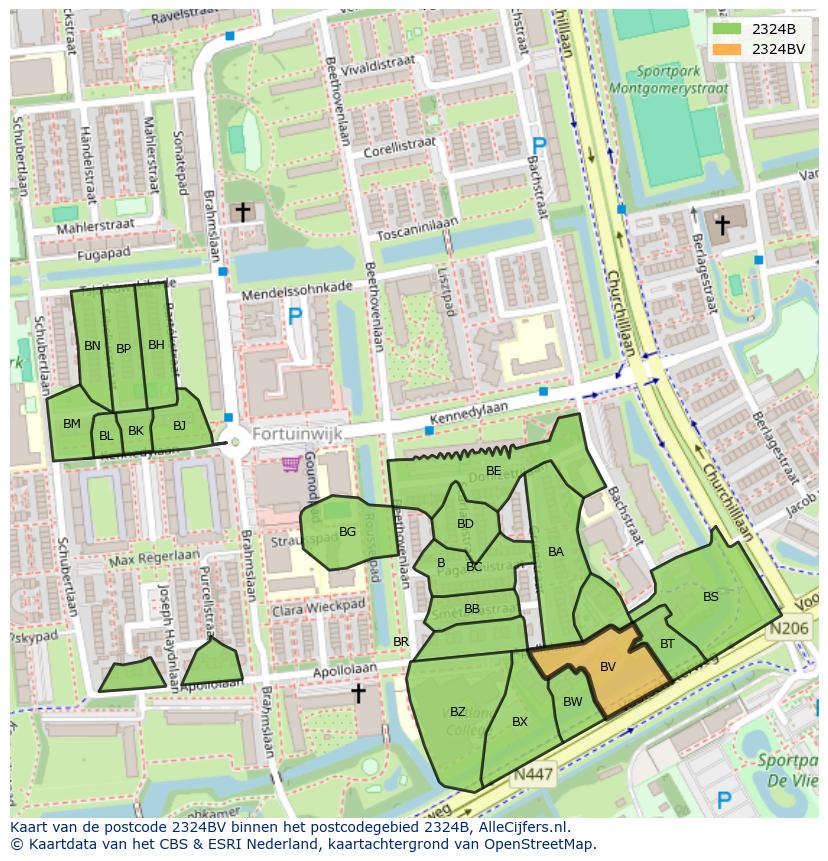 Afbeelding van het postcodegebied 2324 BV op de kaart.