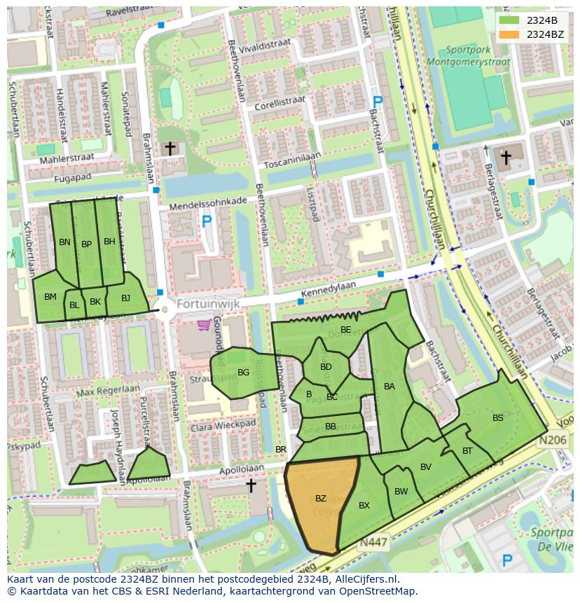 Afbeelding van het postcodegebied 2324 BZ op de kaart.