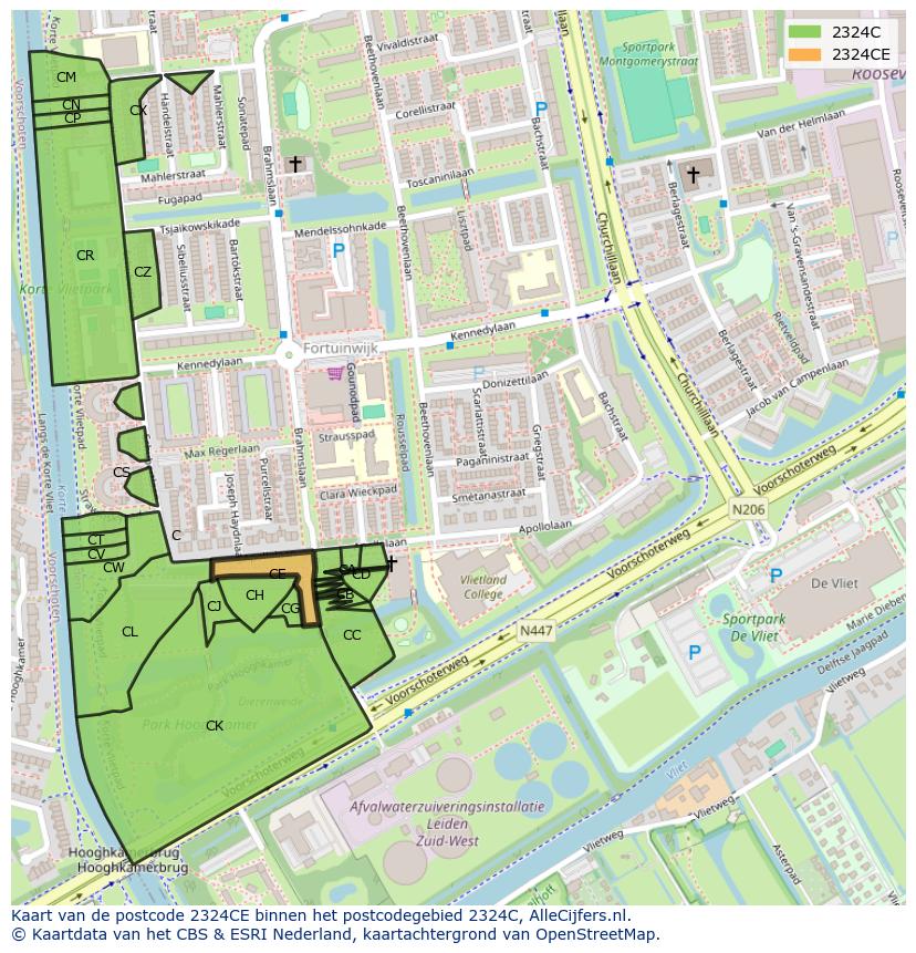 Afbeelding van het postcodegebied 2324 CE op de kaart.