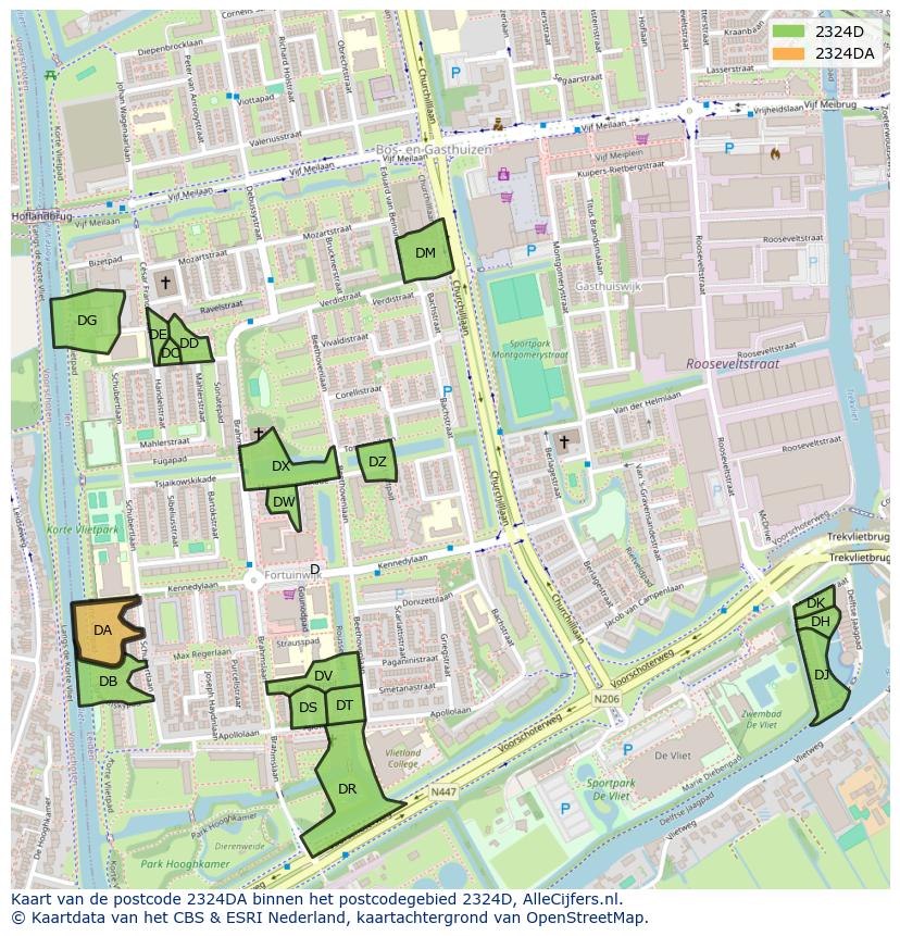 Afbeelding van het postcodegebied 2324 DA op de kaart.