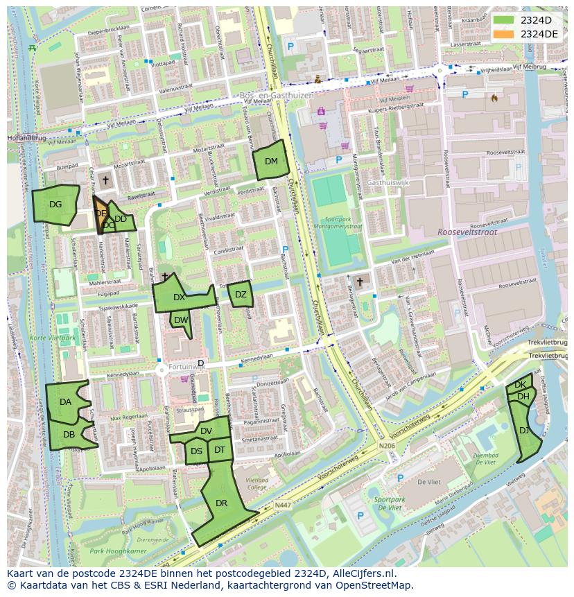 Afbeelding van het postcodegebied 2324 DE op de kaart.