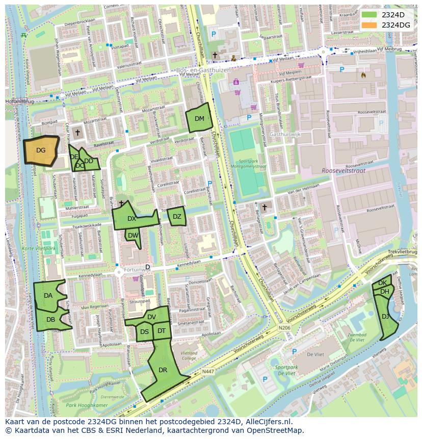 Afbeelding van het postcodegebied 2324 DG op de kaart.