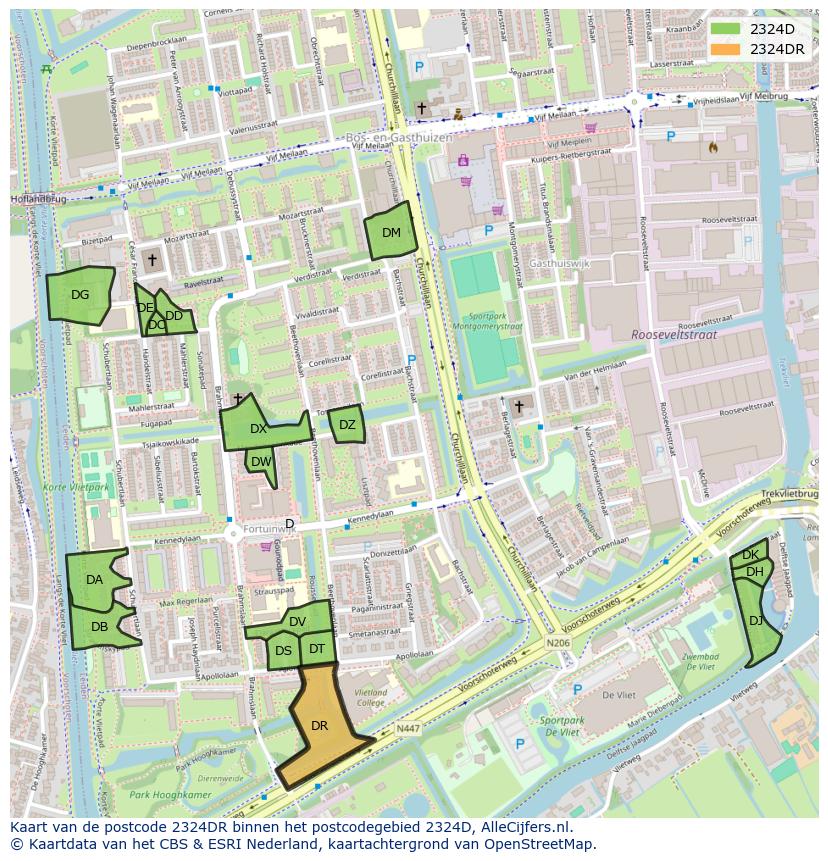 Afbeelding van het postcodegebied 2324 DR op de kaart.