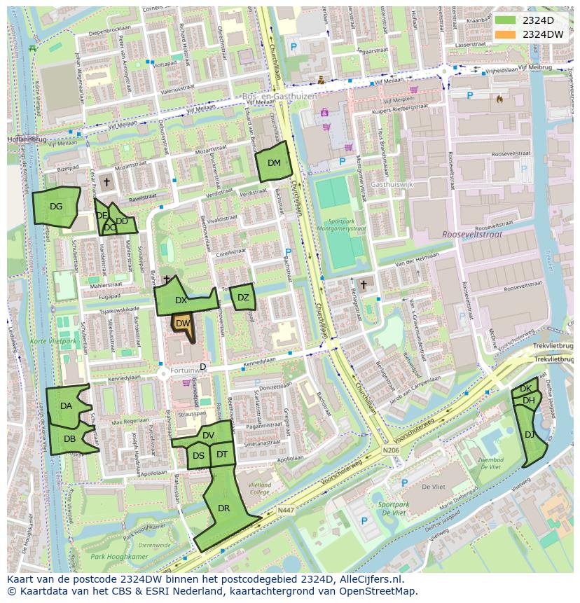 Afbeelding van het postcodegebied 2324 DW op de kaart.