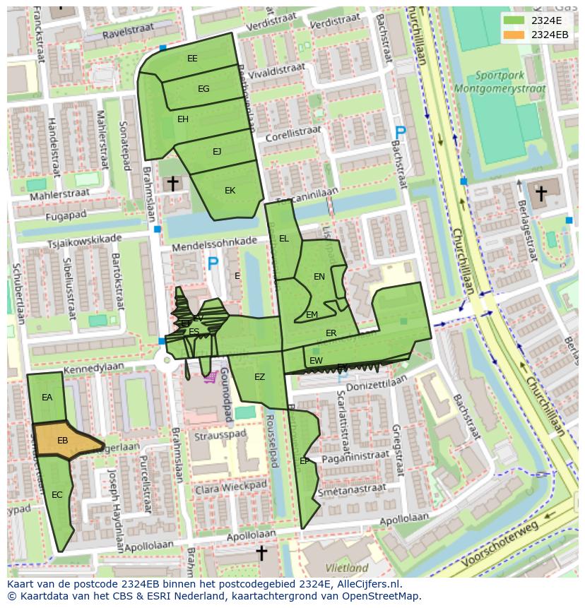 Afbeelding van het postcodegebied 2324 EB op de kaart.