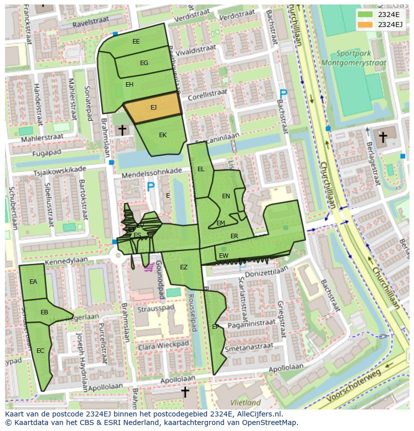 Afbeelding van het postcodegebied 2324 EJ op de kaart.