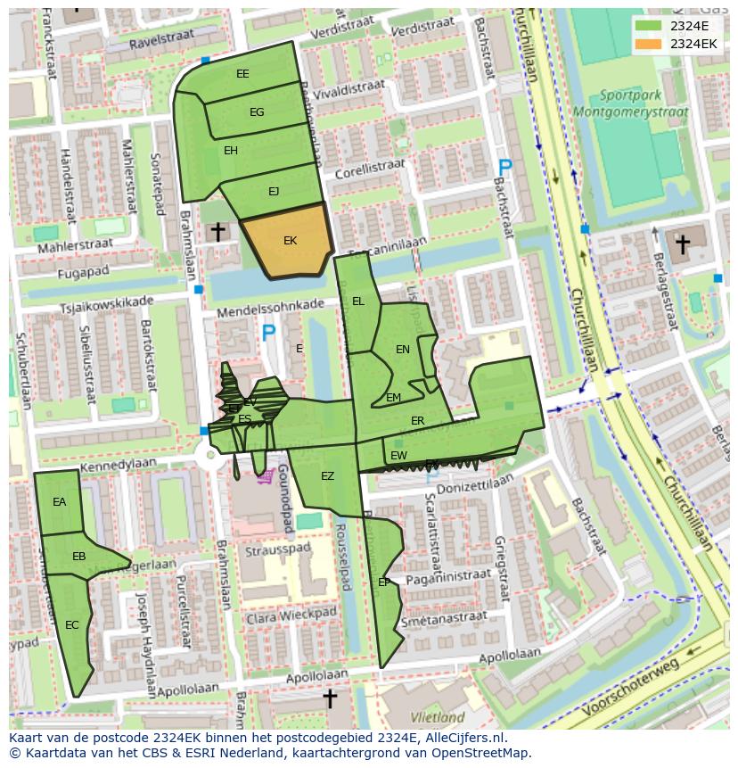 Afbeelding van het postcodegebied 2324 EK op de kaart.