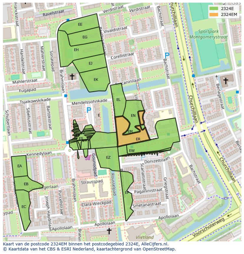 Afbeelding van het postcodegebied 2324 EM op de kaart.