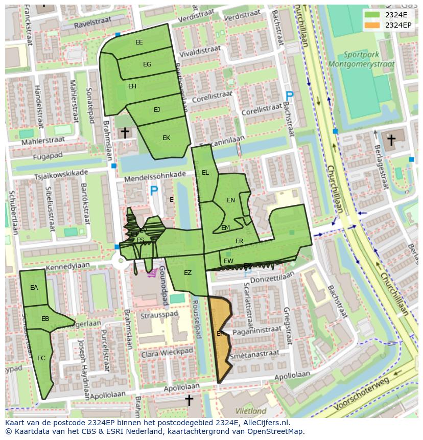 Afbeelding van het postcodegebied 2324 EP op de kaart.