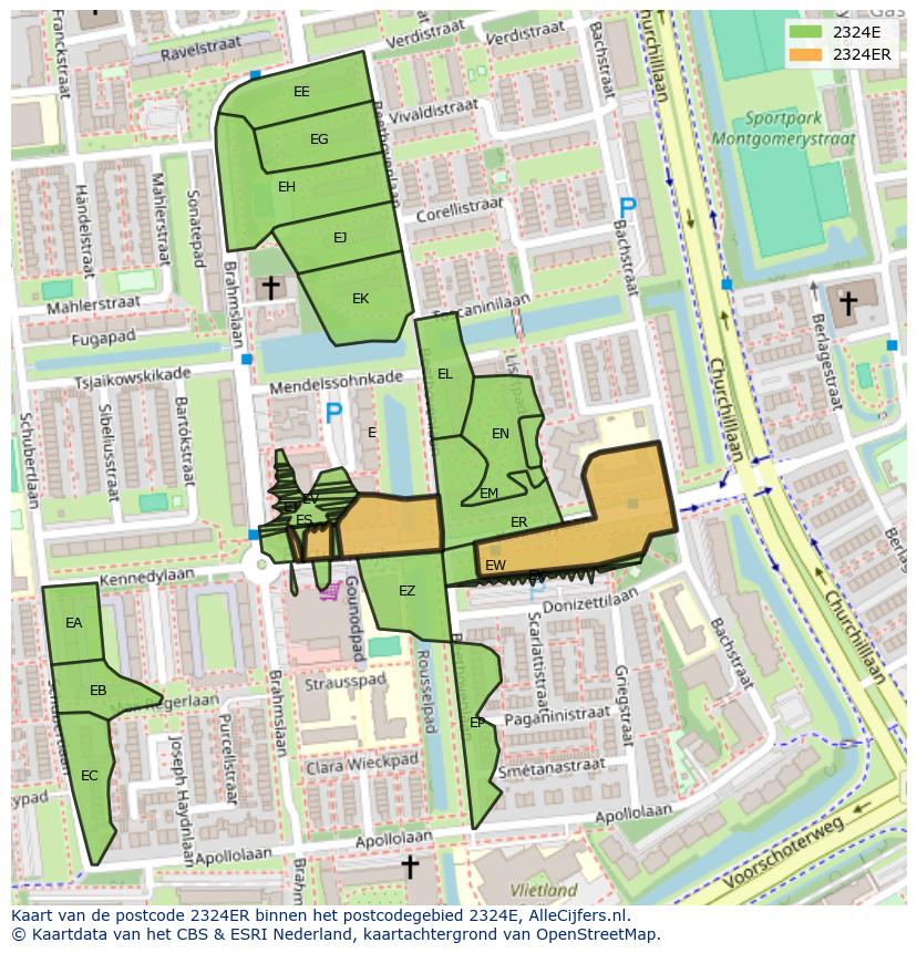 Afbeelding van het postcodegebied 2324 ER op de kaart.