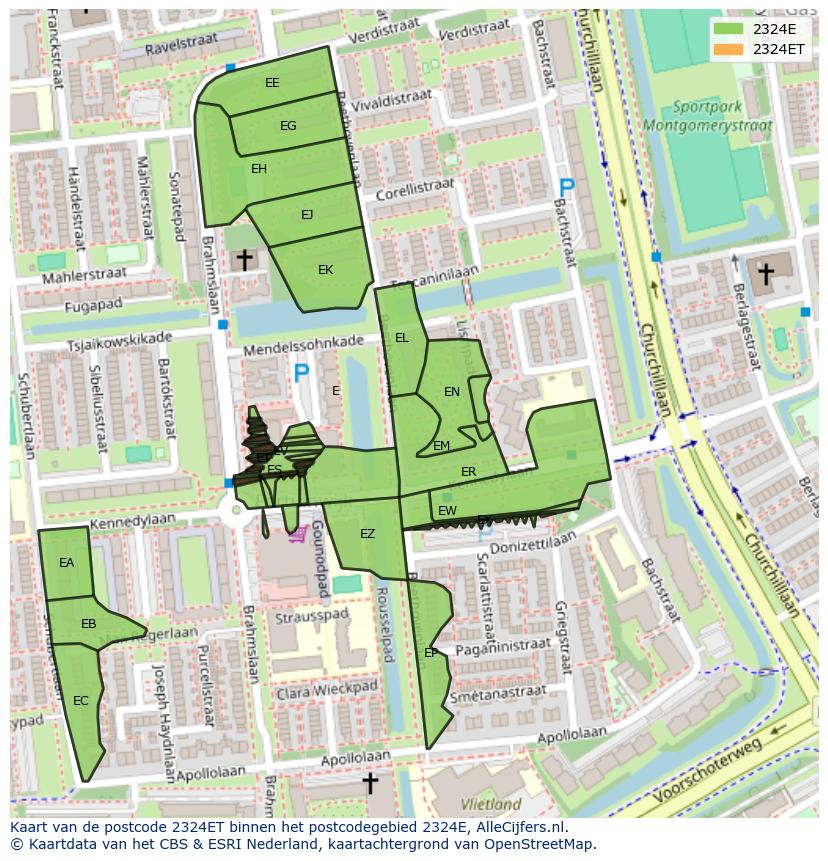 Afbeelding van het postcodegebied 2324 ET op de kaart.