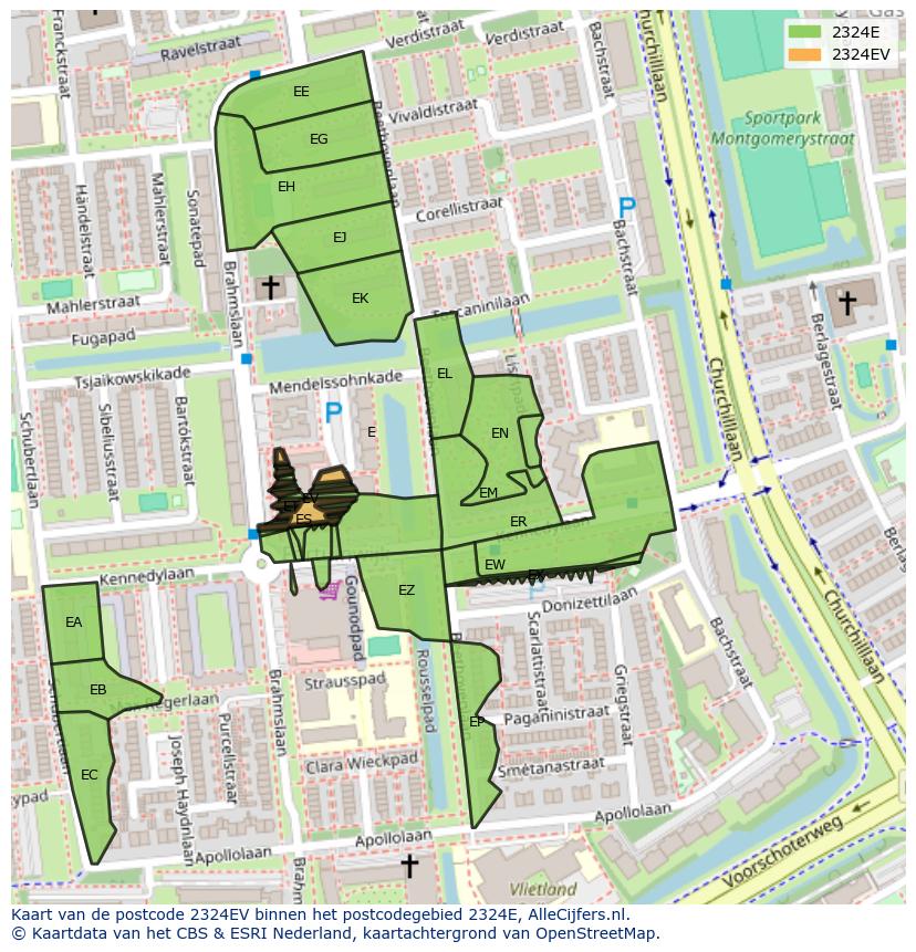 Afbeelding van het postcodegebied 2324 EV op de kaart.