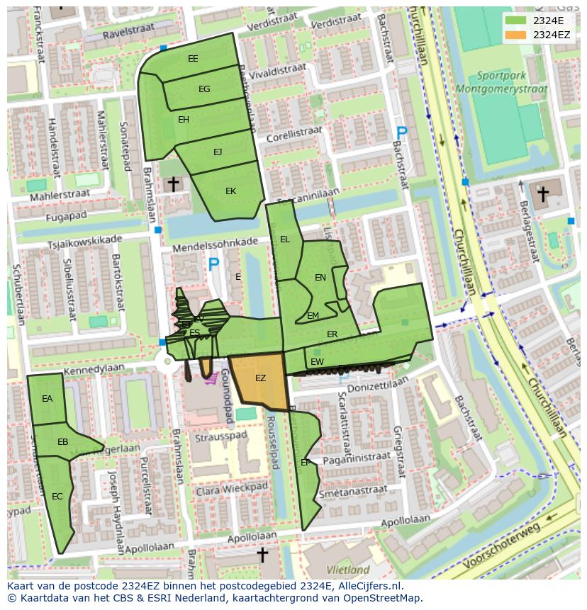Afbeelding van het postcodegebied 2324 EZ op de kaart.