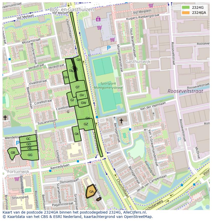 Afbeelding van het postcodegebied 2324 GA op de kaart.