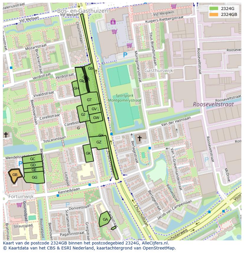 Afbeelding van het postcodegebied 2324 GB op de kaart.