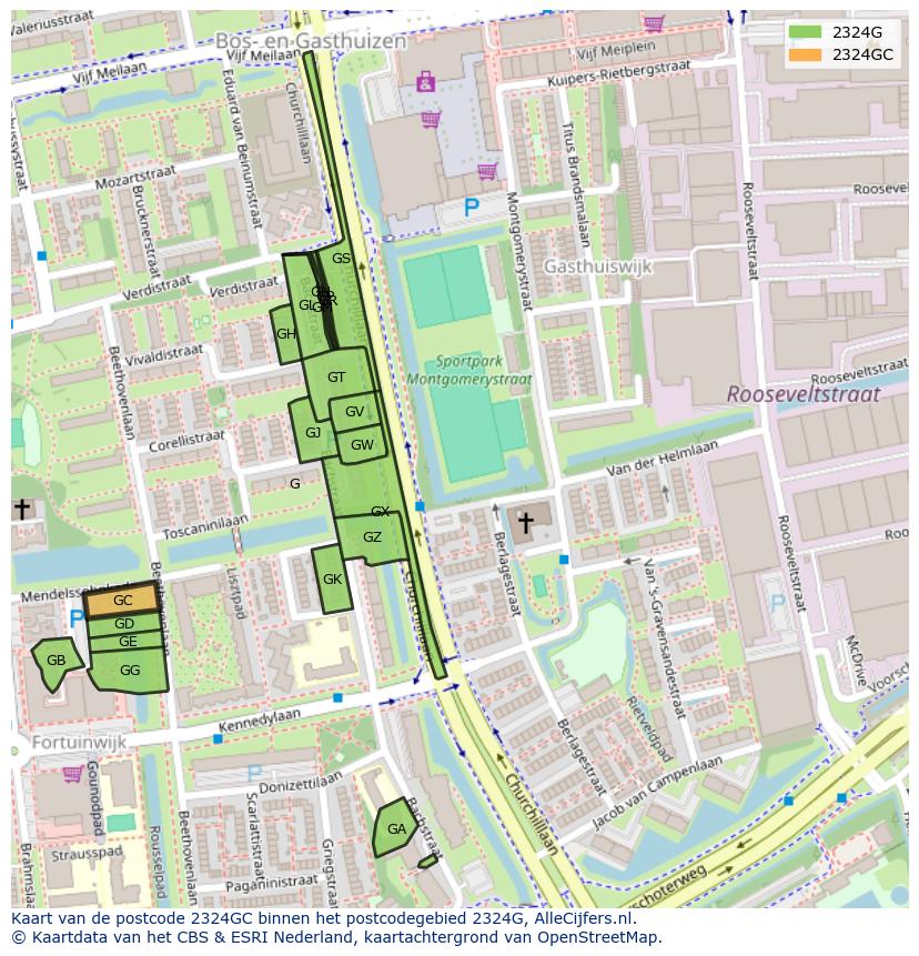 Afbeelding van het postcodegebied 2324 GC op de kaart.
