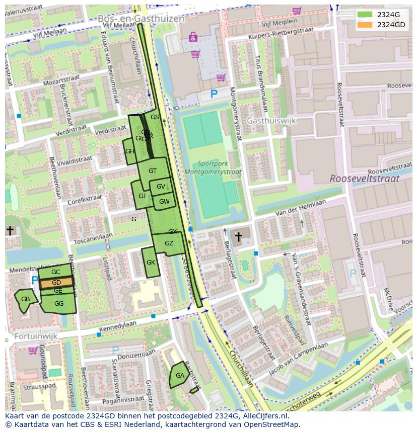 Afbeelding van het postcodegebied 2324 GD op de kaart.