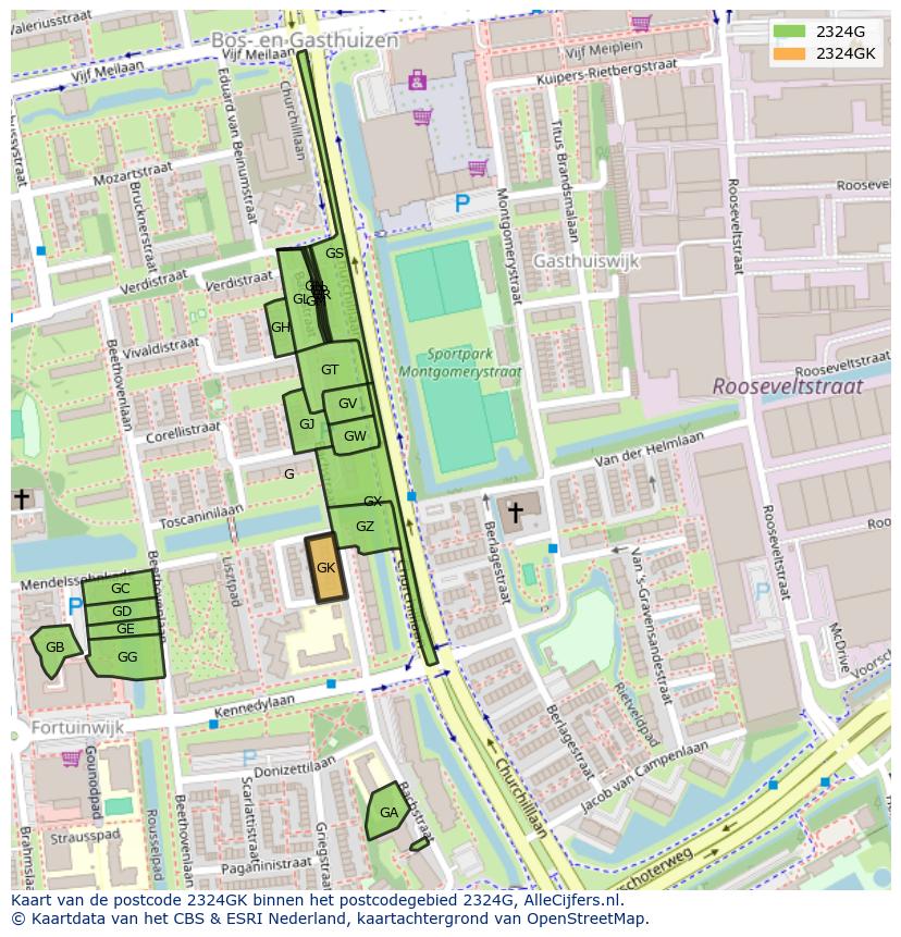 Afbeelding van het postcodegebied 2324 GK op de kaart.