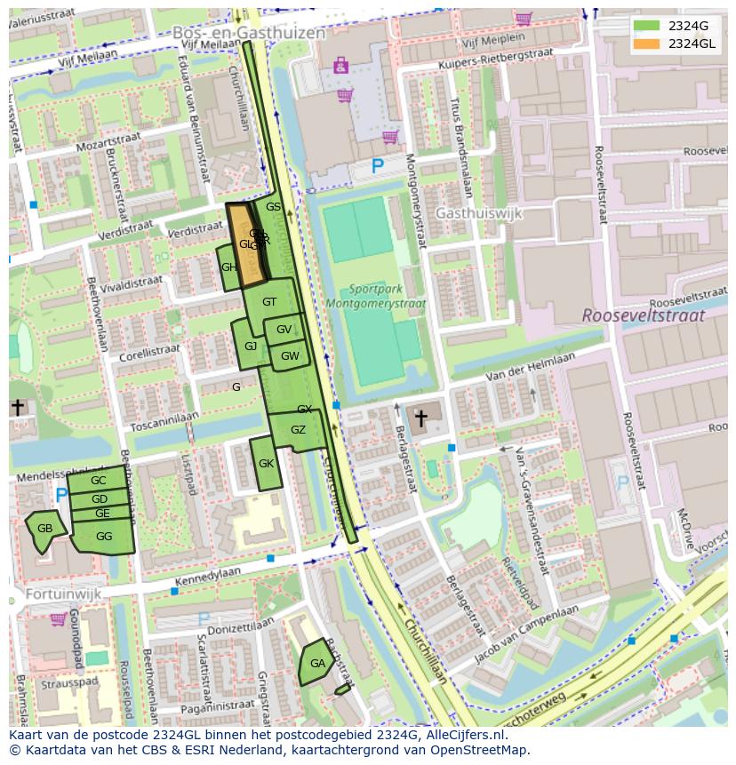 Afbeelding van het postcodegebied 2324 GL op de kaart.