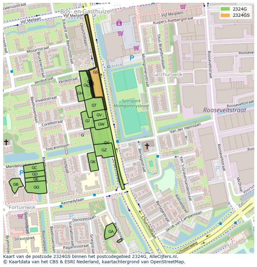 Afbeelding van het postcodegebied 2324 GS op de kaart.
