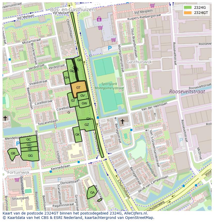 Afbeelding van het postcodegebied 2324 GT op de kaart.