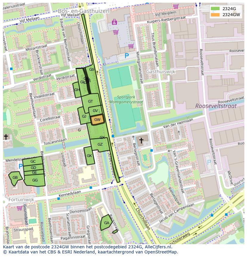 Afbeelding van het postcodegebied 2324 GW op de kaart.