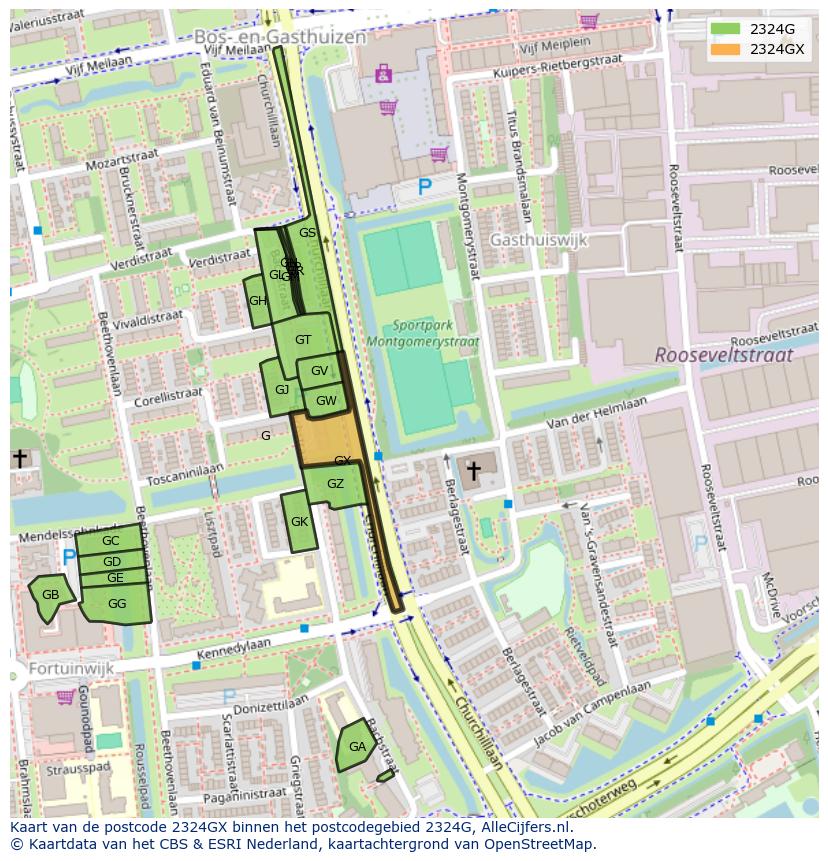 Afbeelding van het postcodegebied 2324 GX op de kaart.