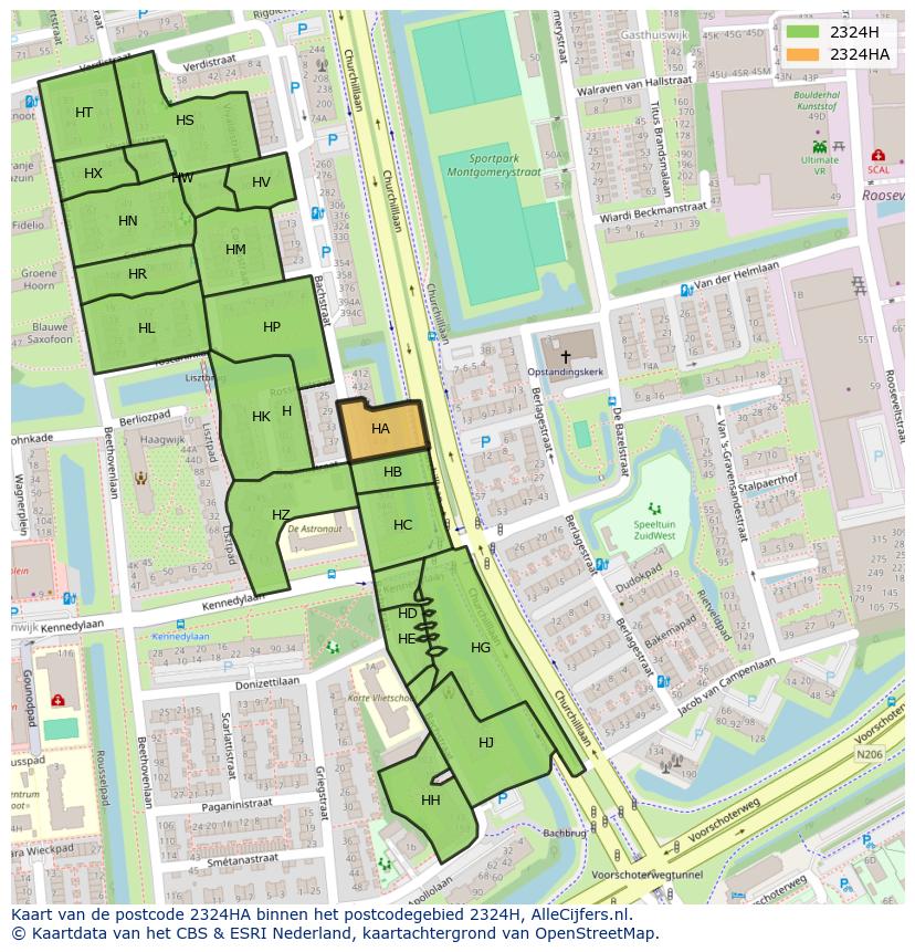 Afbeelding van het postcodegebied 2324 HA op de kaart.