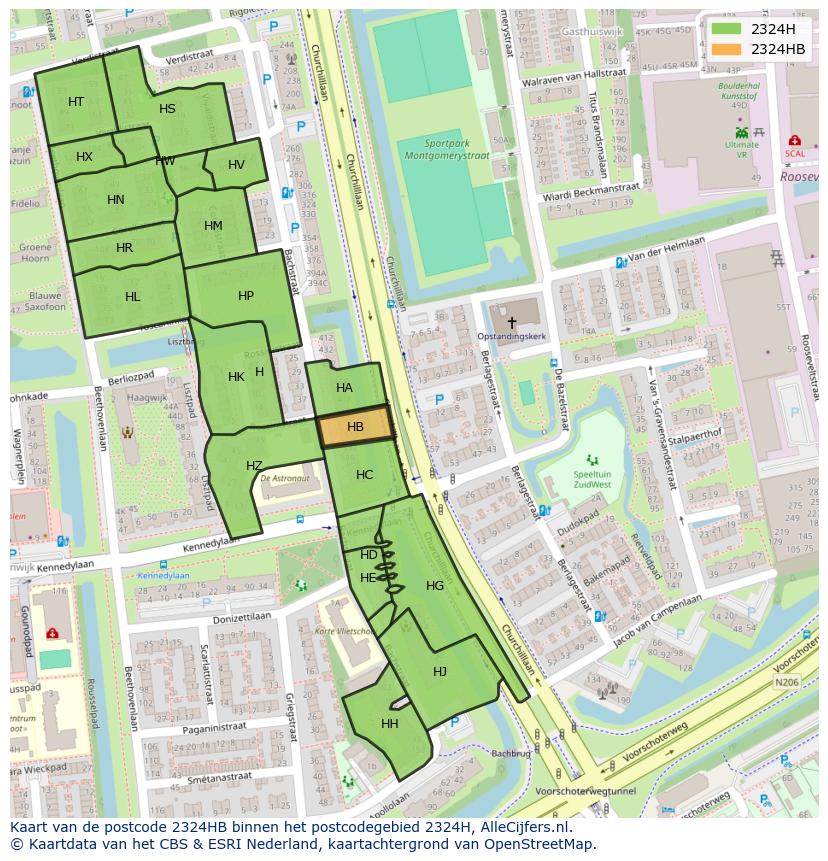 Afbeelding van het postcodegebied 2324 HB op de kaart.
