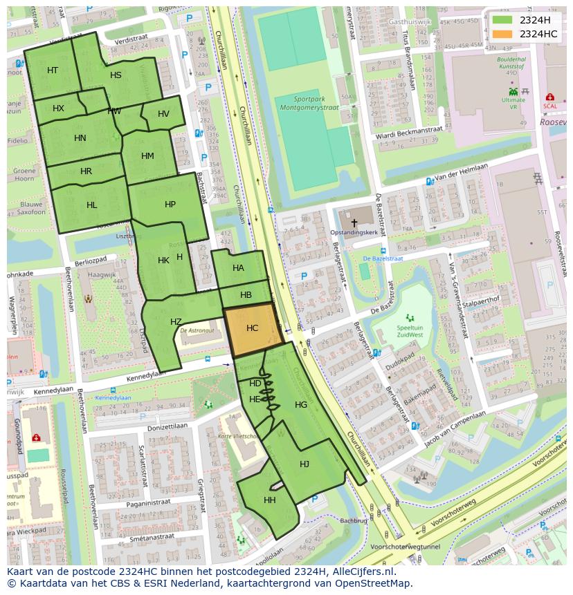 Afbeelding van het postcodegebied 2324 HC op de kaart.
