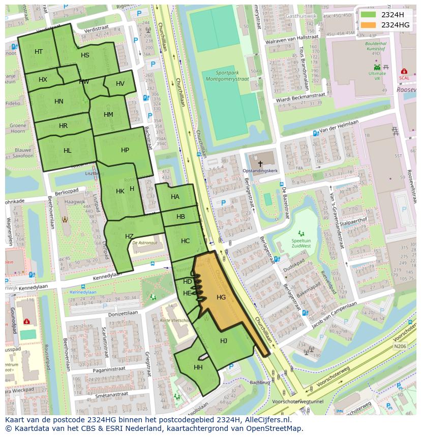 Afbeelding van het postcodegebied 2324 HG op de kaart.