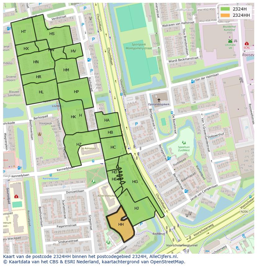 Afbeelding van het postcodegebied 2324 HH op de kaart.