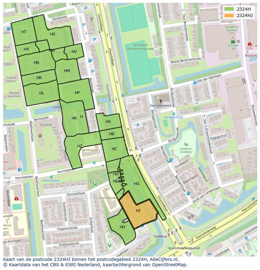 Afbeelding van het postcodegebied 2324 HJ op de kaart.