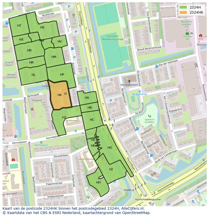 Afbeelding van het postcodegebied 2324 HK op de kaart.