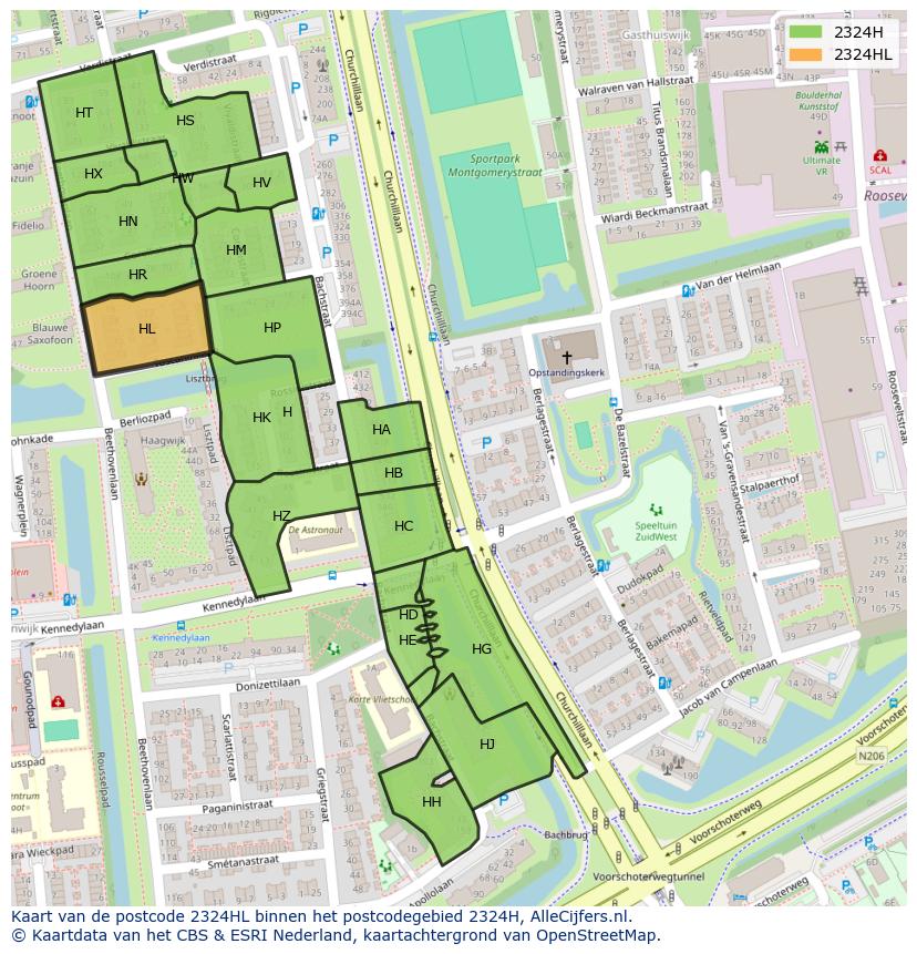 Afbeelding van het postcodegebied 2324 HL op de kaart.
