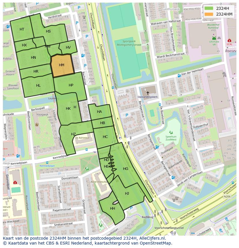 Afbeelding van het postcodegebied 2324 HM op de kaart.