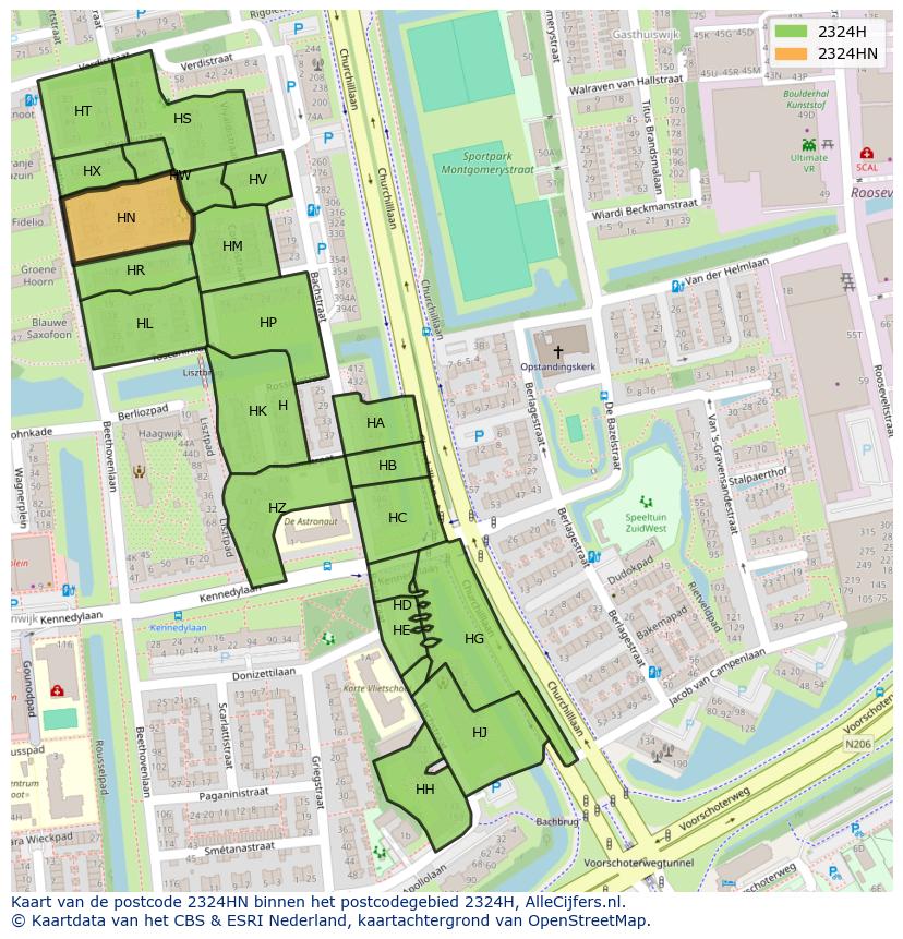 Afbeelding van het postcodegebied 2324 HN op de kaart.