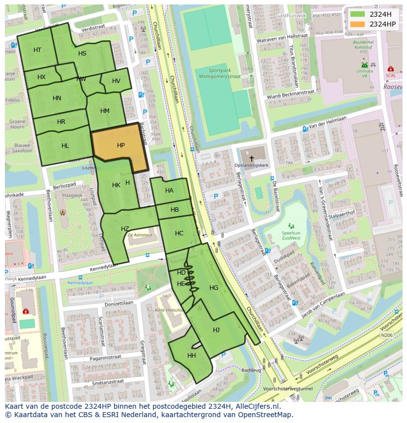 Afbeelding van het postcodegebied 2324 HP op de kaart.