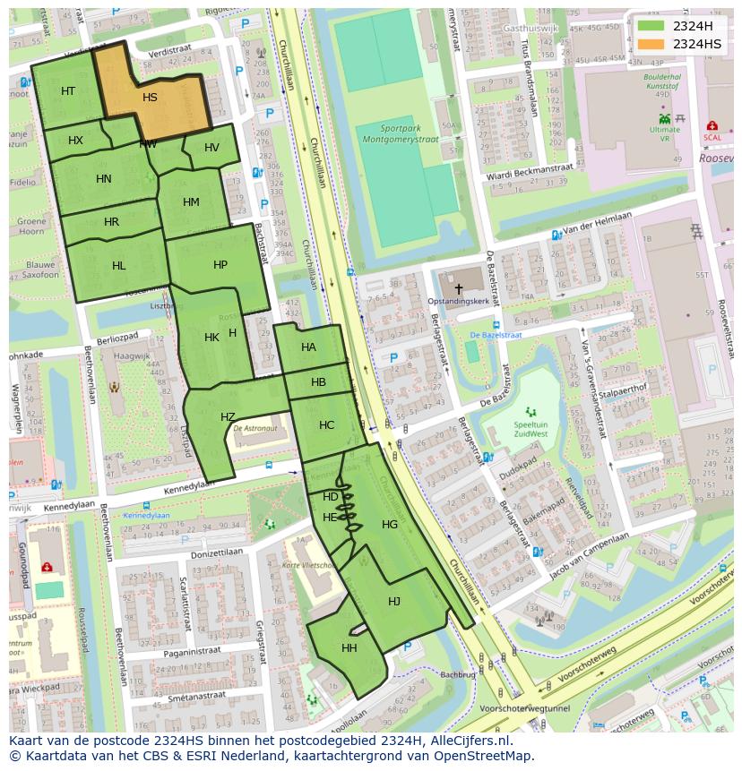 Afbeelding van het postcodegebied 2324 HS op de kaart.